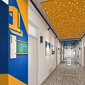 School Corridor Featuring Blue Yellow Walls Yellow Star Ceiling Signage Posters and Floor Tiles