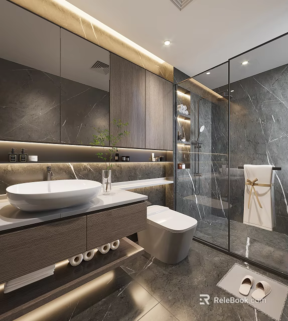 Modern Bathroom Interior With Marble Vanity Glass Shower Toilet And Large Mirror 3d model 