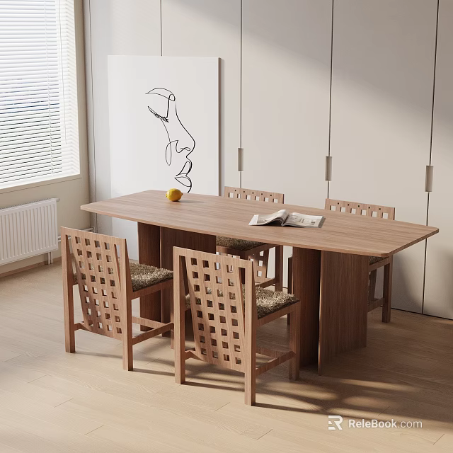 Modern Wooden Dining Table Set with Lattice Back Chairs Fruit and Magazine on Light Floor 3d model 