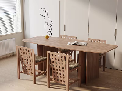 Modern Wooden Dining Table Set with Lattice Back Chairs Fruit and Magazine on Light Floor 3d model