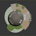 Domed Brick Building Structure With Glass Windows Wooden Deck And Green Lawn