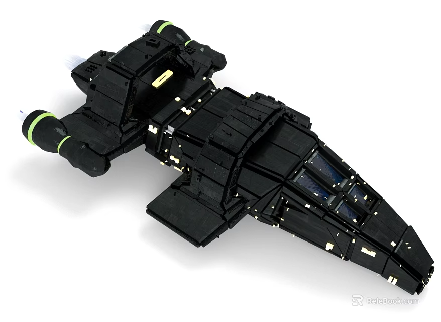 Black Sci-Fi Spaceship Model Featuring Complex Angular Design Modular Components And Green White Engine Details 3d model 