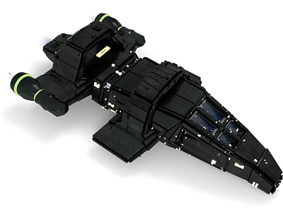 Black Sci-Fi Spaceship Model Featuring Complex Angular Design Modular Components And Green White Engine Details 3d model