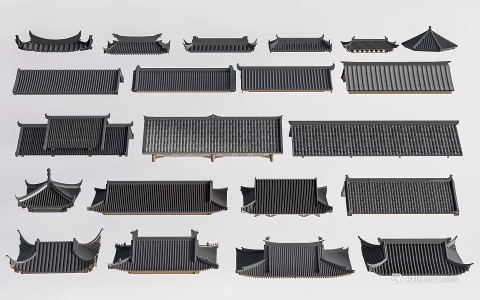 Traditional Ancient Chinese Architecture Various Roof Eaves Styles With Classic Tiles 3d model 