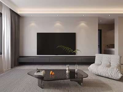 Modern Living Dining Room With Gray Curtains Black TV Glass Coffee Table And White Sofa 3d model