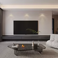 Modern Living Dining Room With Gray Curtains Black TV Glass Coffee Table And White Sofa