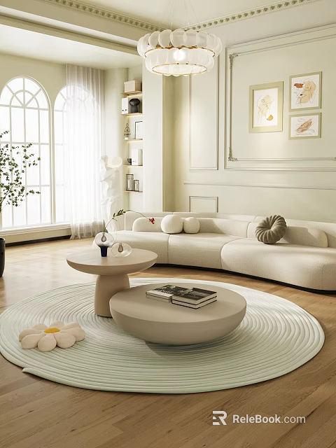 Modern Living Room Interior With Curved Sofa Coffee Table Carpet And Windows 3d model