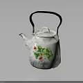 Decorative Vintage White Kettle With Red Berries And Green Leaves Pattern And Black Handle