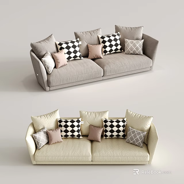 Gray and Beige Multi-Seat Sofas with Black White Checkerboard and Solid Decorative Pillows Living Room Interior 3d model