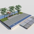 Landscape Wall Design With Trees Paved Ground Grass Area And Water Feature 3d model