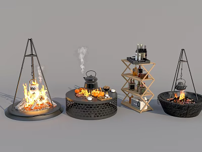 Camping Campground With Burning Fire Pits Smoking Kettle And Storage Shelf 3d model