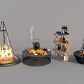 Camping Campground With Burning Fire Pits Smoking Kettle And Storage Shelf