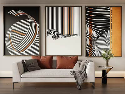 Stylish Living Room Decor With Abstract Paintings Sofa Cushions And Plant 3d model