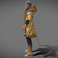 Game Movie Character With Gray Hair Beard Ornate Golden Decor Outfit Dark Pants Golden Shoes