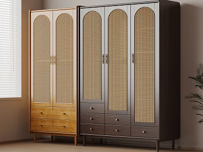 Two Modern Wardrobes In Light And Dark Wood With Arched Rattan Doors And Drawer Storage 3d model