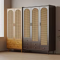 Two Modern Wardrobes In Light And Dark Wood With Arched Rattan Doors And Drawer Storage