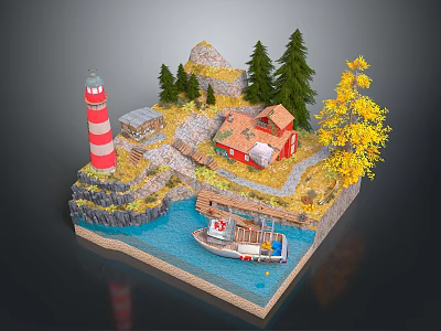 3D Model Scene With Lighthouse Small Houses Rocky Terrain Trees Water And Boat 3d model