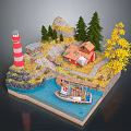 3D Model Scene With Lighthouse Small Houses Rocky Terrain Trees Water And Boat