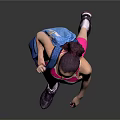 Sporty Female Wearing Striped Tank Top Pink Leggings Purple Sneakers And Blue Backpack