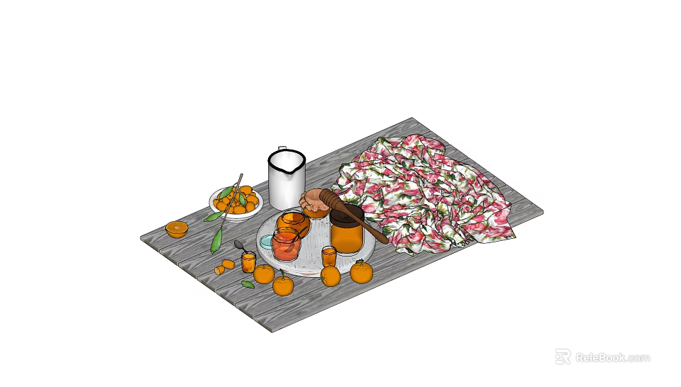 Vibrant Fresh Oranges and Floral Decor Arrangement on Wooden Tray with Jars 3d model 