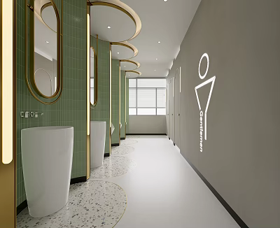 Modern Public Restroom With Green Tiles Gold Framed Mirrors White Sinks And Speckled Flooring 3d model