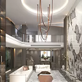 Modern Duplex Living Room With High Ceiling Chandelier And Comfortable Sofa
