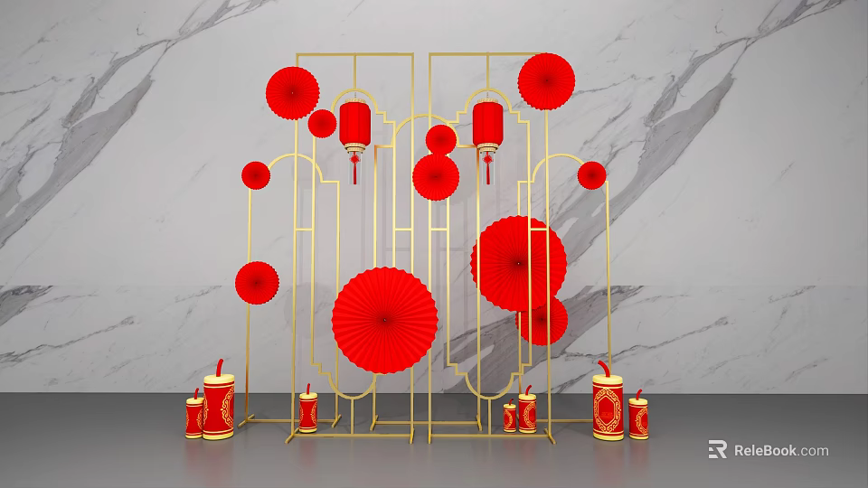 Chinese Decorative Display With Golden Frame Red Lanterns Paper Fans Candles And Marble Background 3d model 
