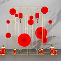 Chinese Decorative Display With Golden Frame Red Lanterns Paper Fans Candles And Marble Background