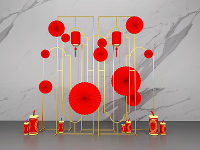 Chinese Decorative Display With Golden Frame Red Lanterns Paper Fans Candles And Marble Background 3d model