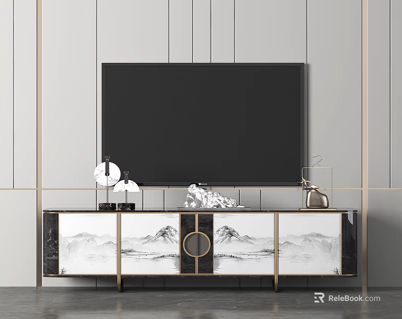 Elegant Modern TV Stand With Mountain Pattern And Gold Accent Details 3d model