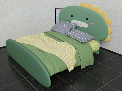 Dinosaur Shaped Green Kids Bed With Yellow Accents Striped Quilt And Polka Dot Pillow 3d model