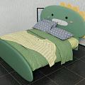 Dinosaur Shaped Green Kids Bed With Yellow Accents Striped Quilt And Polka Dot Pillow