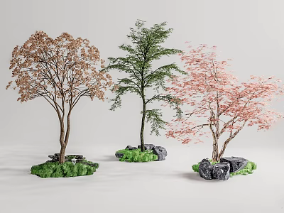 Three Different Arbor Trees with Brown Green Pink Foliage Green Grass and Stones 3d model