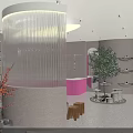Modern Boutique Interior With Curved Shelves Pink Accent Sofa And Plant Lighting