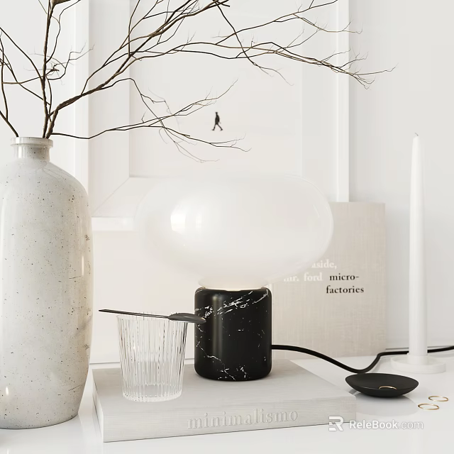 Minimalist Decorative Ornament Set With White Vase Branches Spherical Lamp And Glass Cup 3d model 