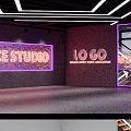 Modern Internet Cafe Interior With Neon Ceiling Lights Purple Lighting And Glass Door