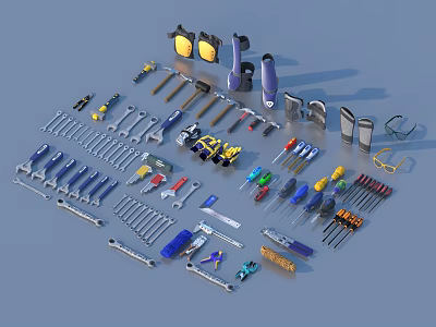 Assorted Hardware Tools Including Wrenches Screwdrivers Pliers Hammers Tape Measures And Goggles 3d model
