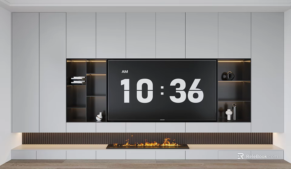 Modern TV Wall Design With Cabinets Open Shelves And Fireplace 3d model 