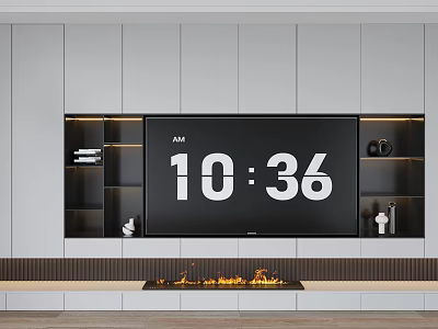 Modern TV Wall Design With Cabinets Open Shelves And Fireplace 3d model