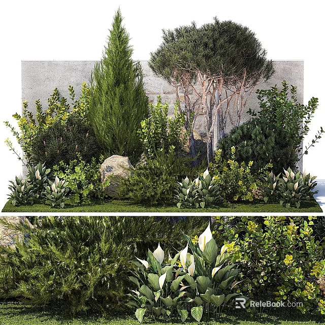 Garden Ornament Landscaping With Various Green Plants Trees Stones And Decorative Foliage 3d model 