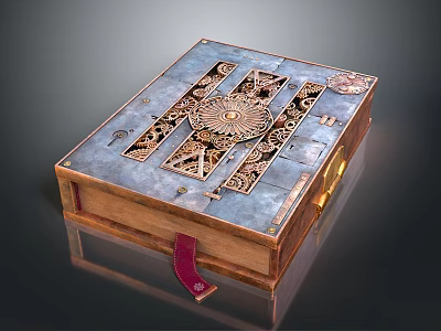 Vintage Handcrafted Book Box With Wooden Frame Metal Gear Patterns And Red Leather Strap 3d model