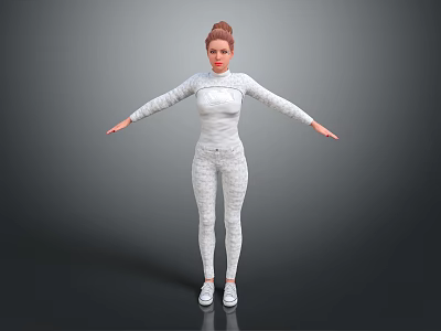 Woman in white long sleeve top and pants posing with arms outstretched on gray background 3d model