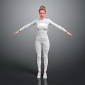 Woman in white long sleeve top and pants posing with arms outstretched on gray background