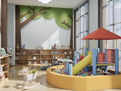 Colorful Kids Playroom Interior With Green Tree Wall Bookshelves Stuffed Toys Ball Pit And Slide 3d model
