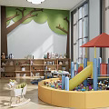 Colorful Kids Playroom Interior With Green Tree Wall Bookshelves Stuffed Toys Ball Pit And Slide