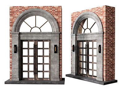 Classic Entry Door With Arched Design Wooden Frame Glass Panes And Red Brick Wall 3d model