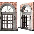 Classic Entry Door With Arched Design Wooden Frame Glass Panes And Red Brick Wall