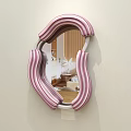 Pink And White Striped Curved Mirror Reflecting Bedroom Interior With Bed