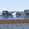 Modern Library Building With Circular Structure Glass Facade White Columns Water Pool And Wooden Deck