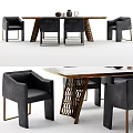 Stylish Dining Table Set With Gray Fabric Chairs Metal Frame And Decorative Items 3d model